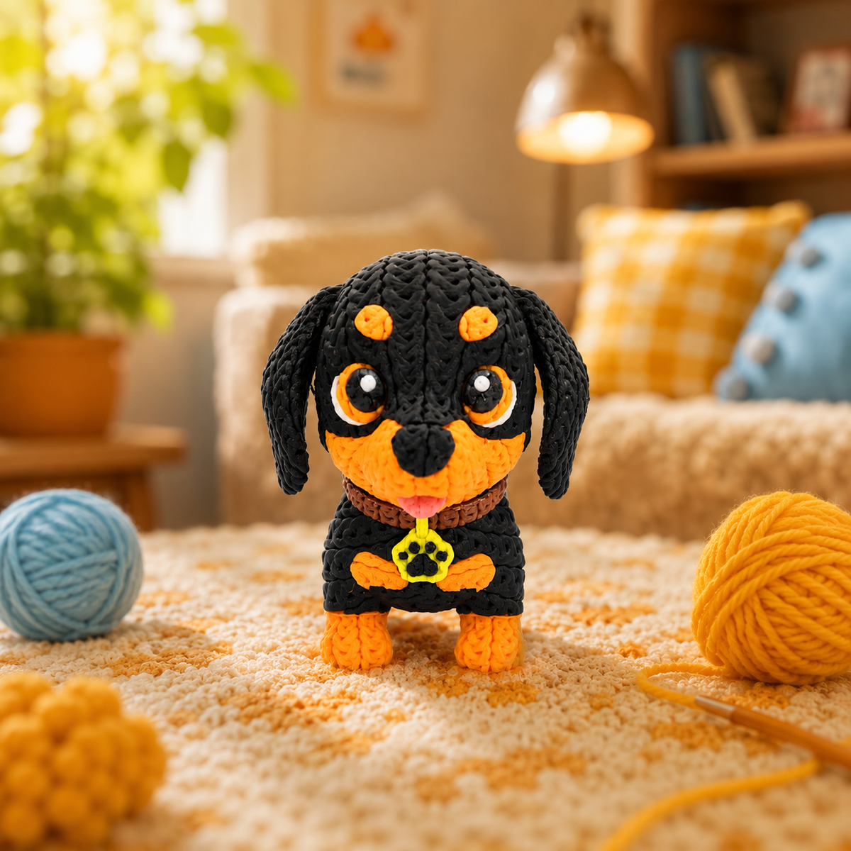 Gestrickte Dackel-Figur, schwarz; frontal mit großen Augen und orangefarbener Schnauze