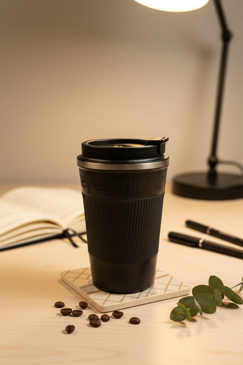 Thermokaffeebecher schwarz mit gerippter Oberfläche und goldener Deckelkante, Gravur