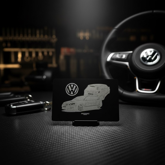 Personalisierte Alu-Visitenkarte mit schwarzem Finish und VW-Automotiv