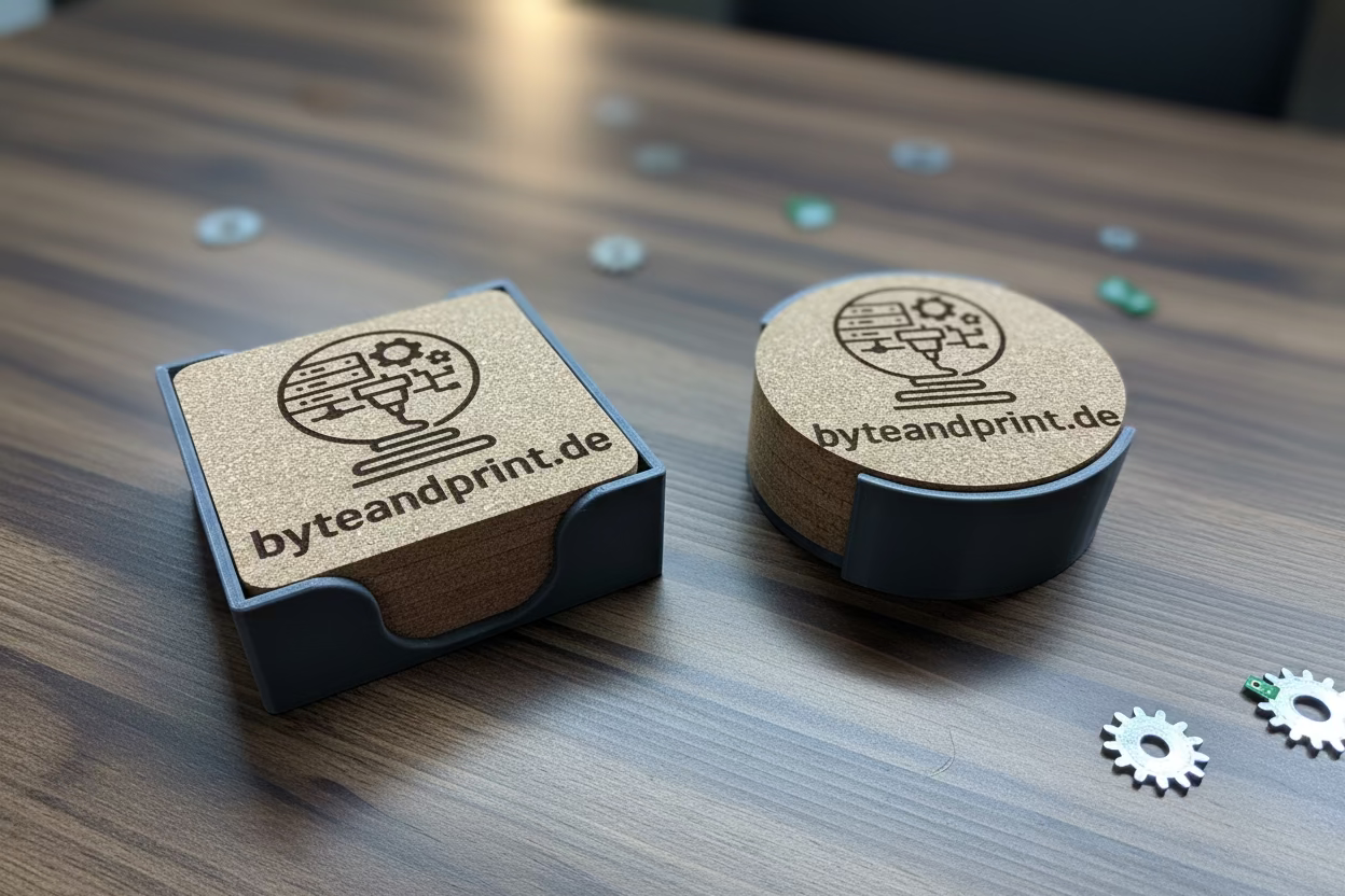 Set aus eckigem und rundem graviertem Kork-Untersetzer mit Logo „byteandprint.de“