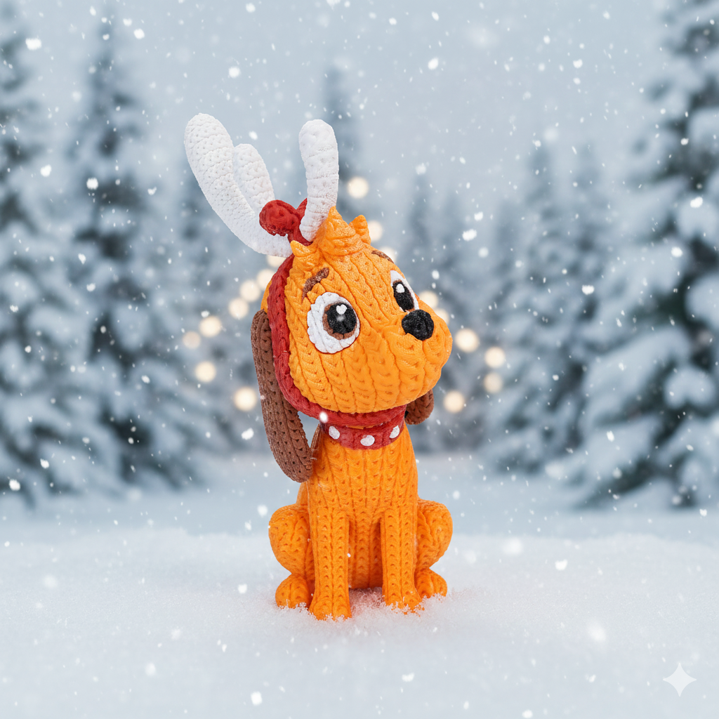 Knitted Green Holiday Trickster & Dog – Cozy Winter Fanart Figur Whale 3D Studio