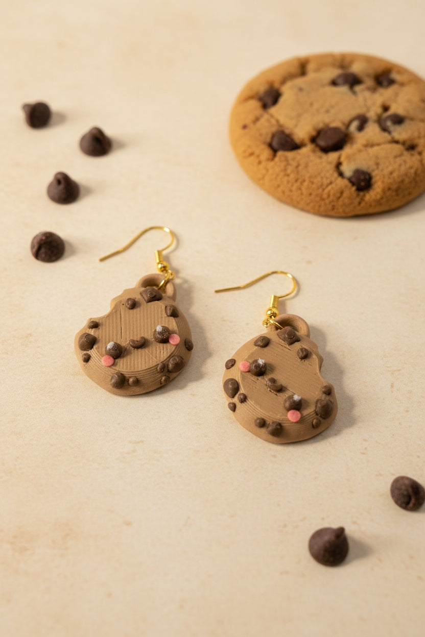 Paar Keks-Ohrringe mit goldenen Haken, braune Cookie-Charms mit dunklen Punkten