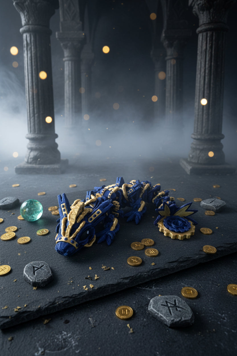 Steampunk-Drache aus Zahnrädern auf Schneidmatte, dunkelblau mit goldenen Details