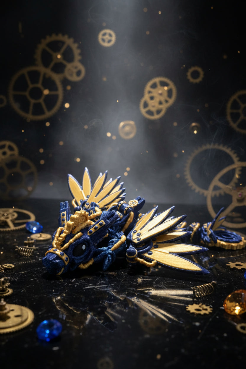 Steampunk-Drachenflügel mit blauen Flügeln, goldener Mechanik und runden Zahnrad-Zierern