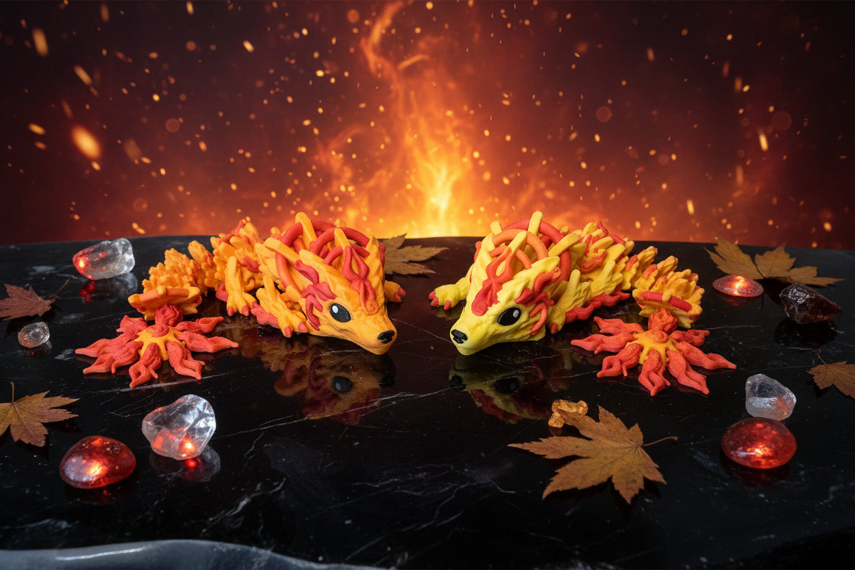 Drachenfiguren, zwei Mini-Drachen mit orangefarbenem Körper und leuchtenden Flammenflossen