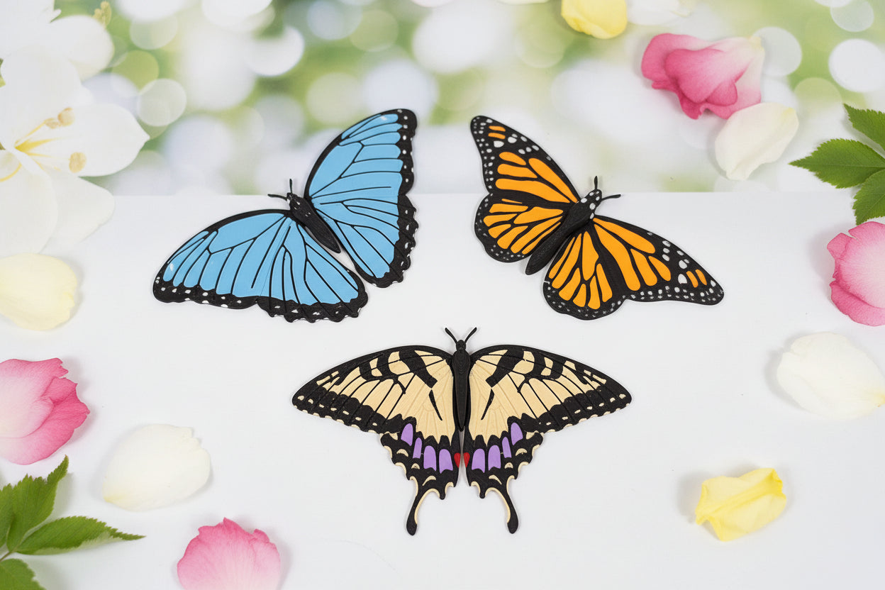 Schmetterlingsmagnete, 3 bunte Motive: blau, orange-schwarz und gelb-schwarz mit lila