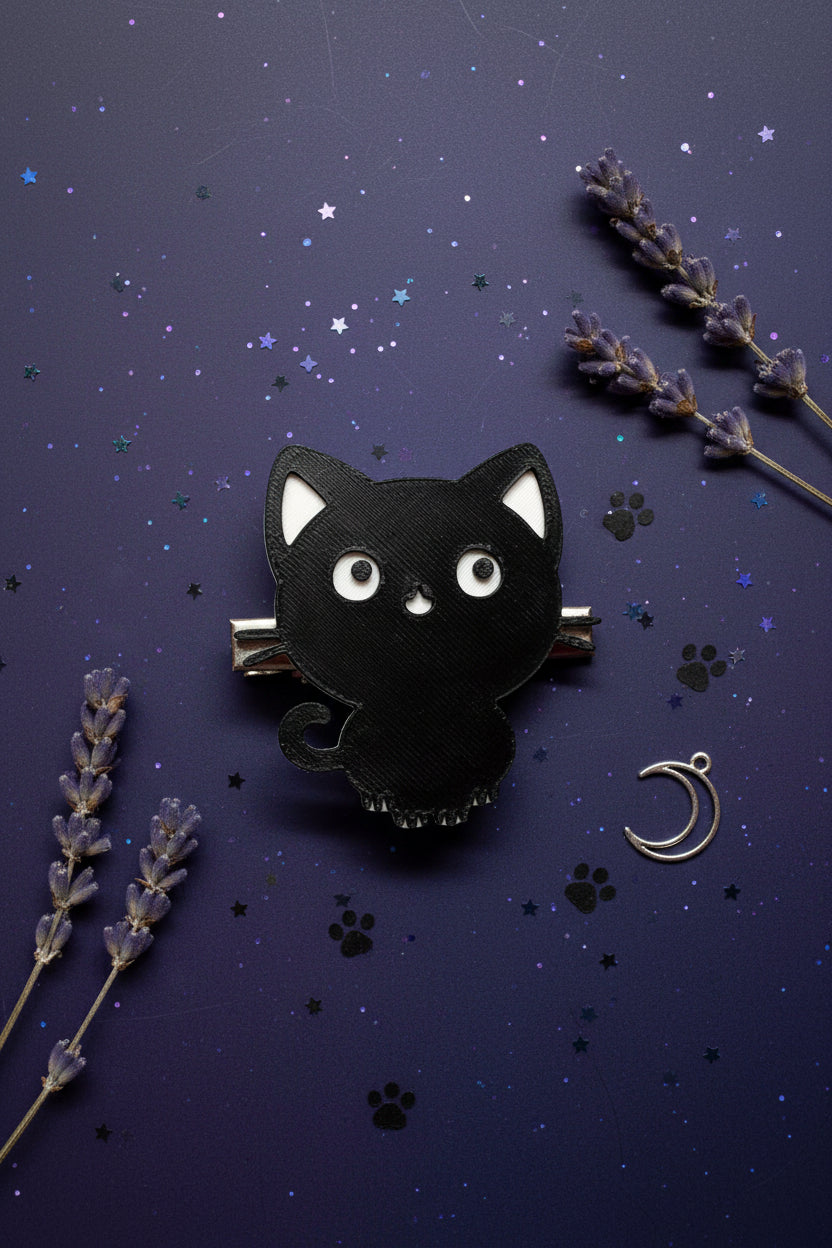 Haarklammer mit schwarzer 3D Katze, weißen Augen und Clip-Ansätzen, verspielt