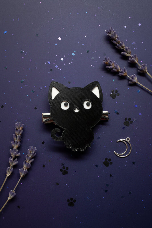 Haarklammer mit schwarzer 3D Katze, weißen Augen und Clip-Ansätzen, verspielt