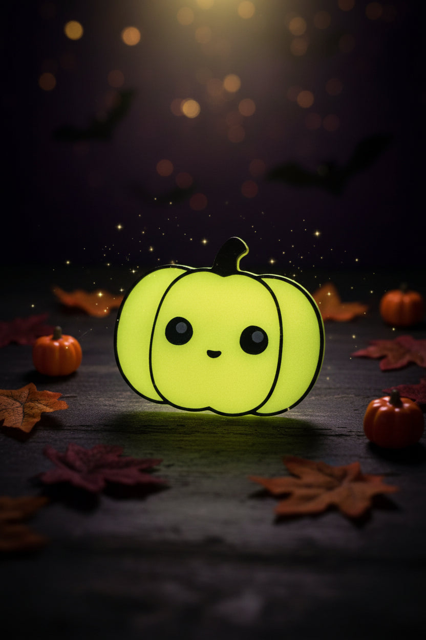 Halloween-Kürbis-Haarclip: gelbgrüner 3D-Kürbis mit Gesicht und schwarzem Clip