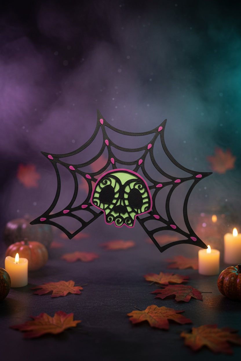 Halloween-Webhaarklammer mit 3D-Spinnennetz und Schädelmotiv, dunkelviolett-schwarz