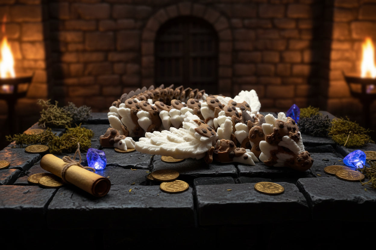 Keksdrache mit Schokostückchen und weißen Flügeln, gekringelt
