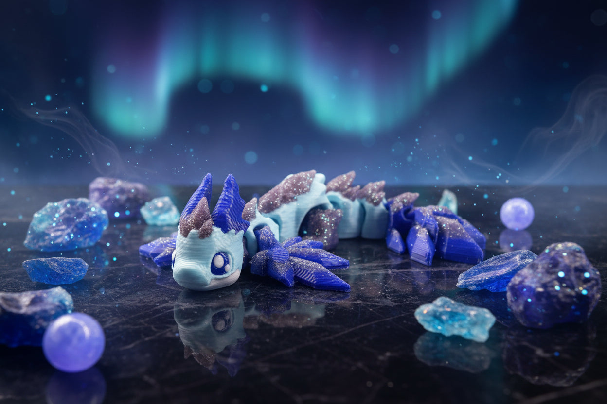 Eisdrachen-Figuren nebeneinander, türkisfarbenes Gesicht, blaue Flügel und braune Stacheln