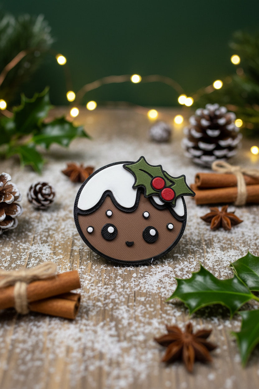 Weihnachtspudding-Haarclip: braunes Gesicht, weiße Haube, Ilexblätter mit roten Beeren
