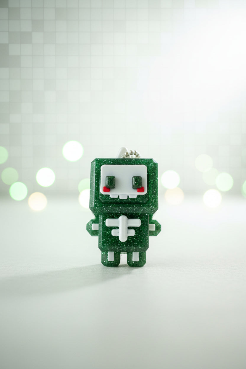Grüne Glitzer-Bit-Klicker-Layer-Figur mit rotem Herz und weißem Kreuz
