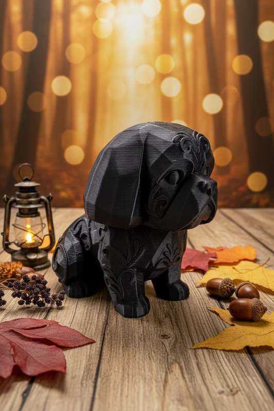 Shih-Tzu-Ornamentfigur, sitzender Hund in dunklem Grau/Schwarz mit Relief-Fellzeichnung.