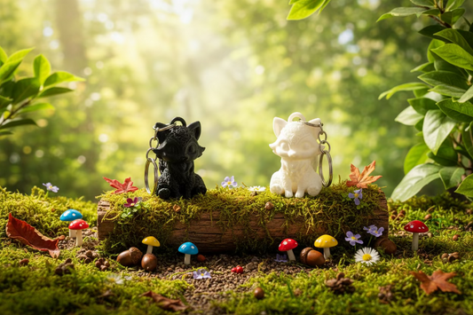 Fuchs-Ornament-Set: drei Figuren auf Moos-Polster, mit Metallösen
