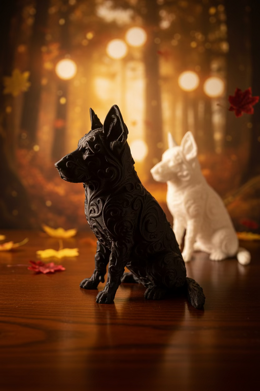 Zwei Schäferhund-Ornamente, dunkel und hellweiß, stehend auf Schneideunterlage