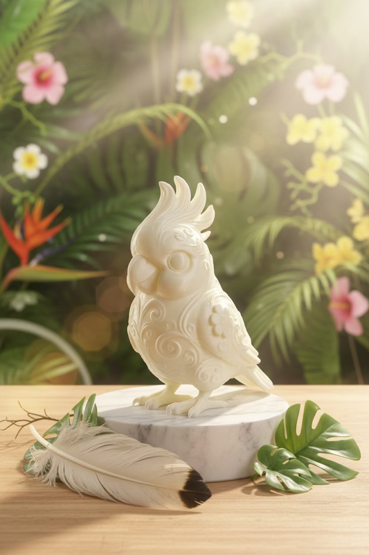 Kakadu-Deko-Ornament, beiges Vogelornament mit eingravierten Mustern und Pfoten