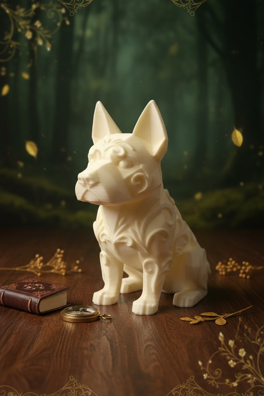 3D-Skulptur-Anhänger: Schäferhund in beigem Low-Poly, detaillierte Prägung, Profilansicht.