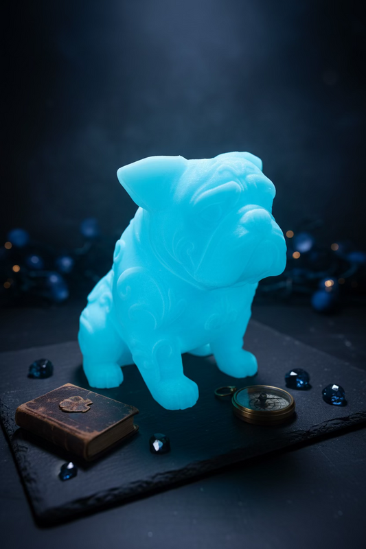 Englischer Bulldoggen-Ornament: blauer sitzender Hund mit Details und Pfotenabdruck