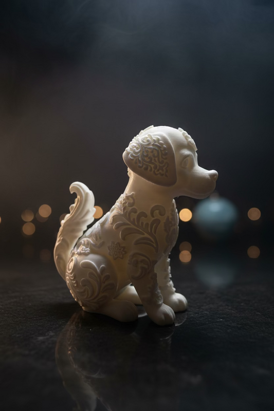 Beiges Hunde-Ornament als Dalmatiner-Figur, seitliche Ansicht, reliefierte Muster am Fell
