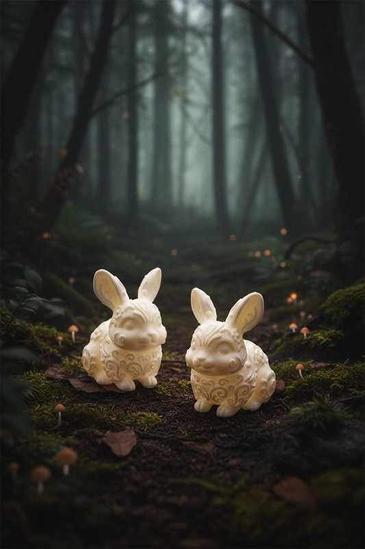 Osterhasen-Ornament, zwei beigetöne Hasen mit Reliefverzierung auf dunklem Untergrund