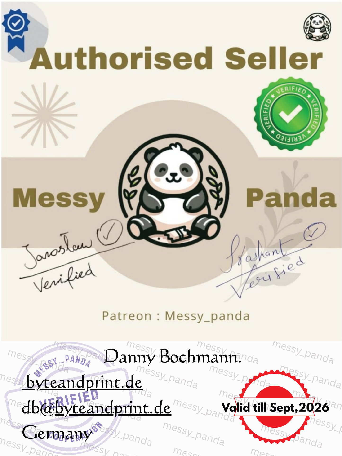 Messy-Panda-Authorized-Seller Grafik mit Panda-Logo und grüner Verifizierungsplakette