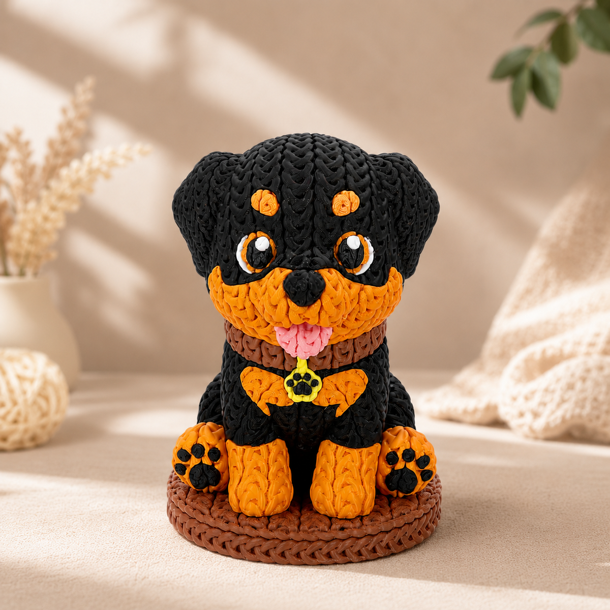 Gestrickte Hundefigur frontal, schwarzes Fell und orangefarbene Akzente, sitzt auf rundem Sockel.