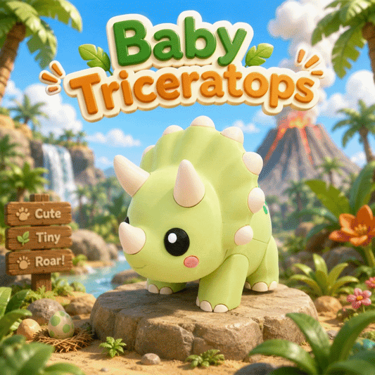 Grüne Baby-Triceratops-Figur mit großen Augen und Strickoptik