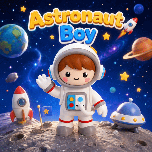 Astronautenfigur Junge im weißen Raumanzug mit Helm, ausgestreckter Hand, rundem Gesicht