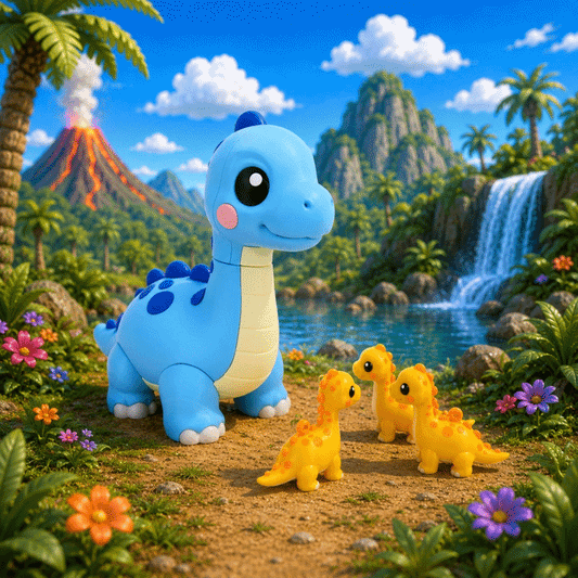 Blauer Baby-Brachiosaurus mit dunklen Punkten, beiger Bauch und kleinen gelben Dinofiguren