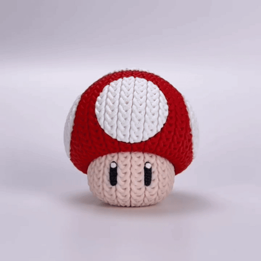 Knitted Power Mushroom Set – Cozy Game Fanart Figur & Keychain Whale 3D Studio