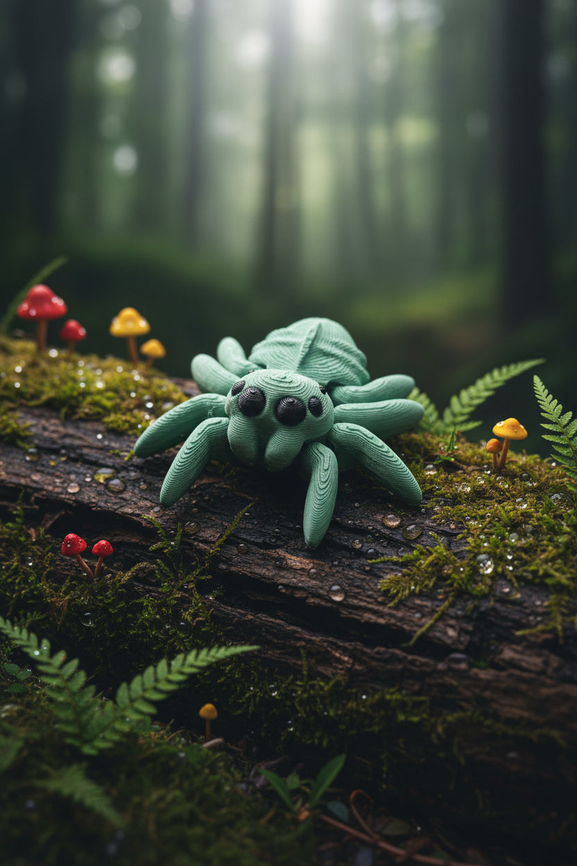 Mini-Spinne in hellem Grün, flach am Boden, große Augen und lange Beine
