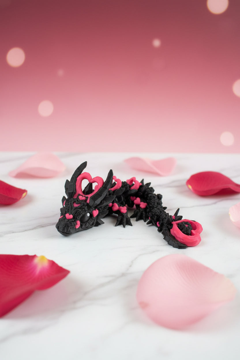 Babydrache Figur auf Boden, dunkel mit pinken Herzmotiven und rotem Maul