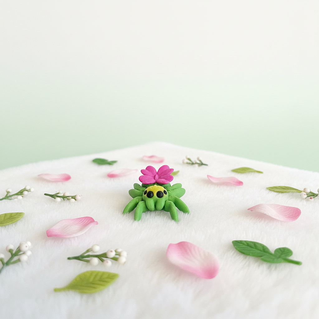 Kleine grüne 3D-Spinne mit gelbem Kopf, schwarzen Augen und pinker Blüte
