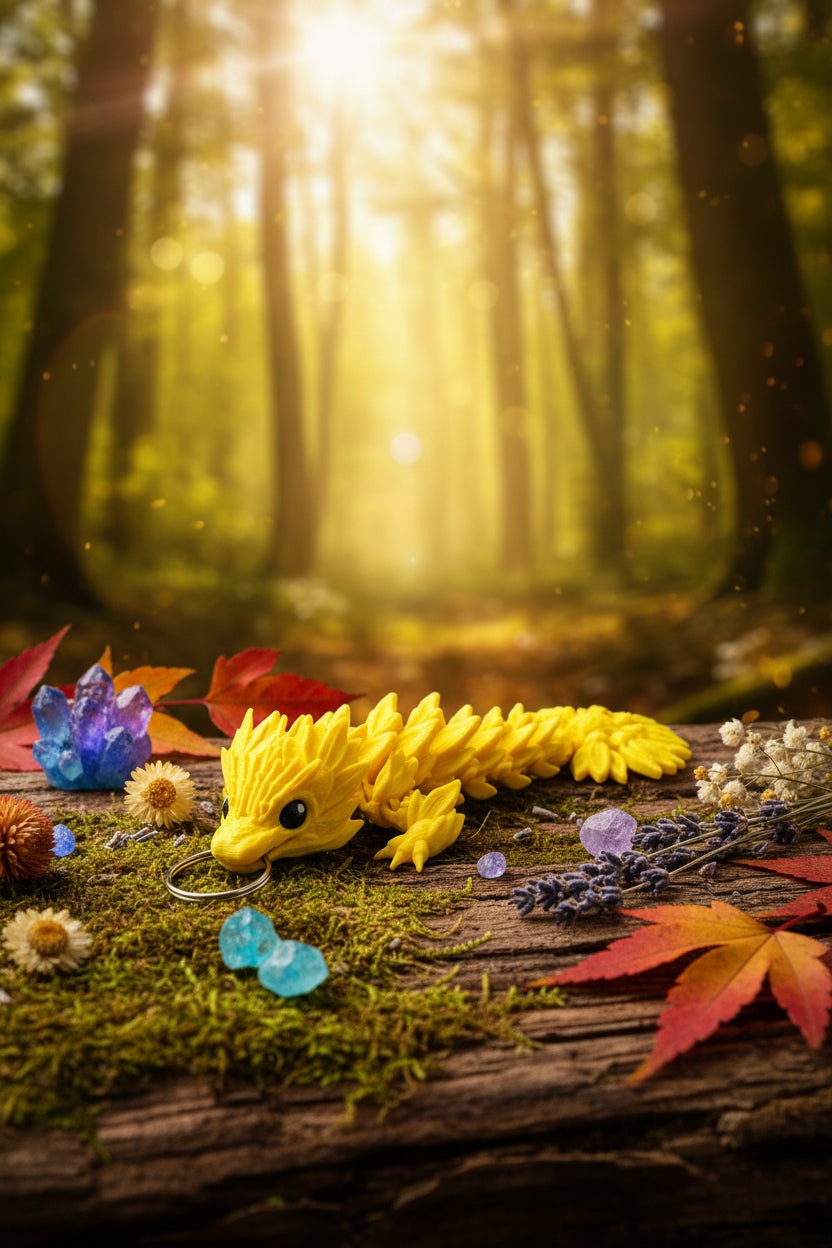 Sonnenblumen-Drache gelb mit lila Kopf auf dunklem Steinboden, mit Metallring