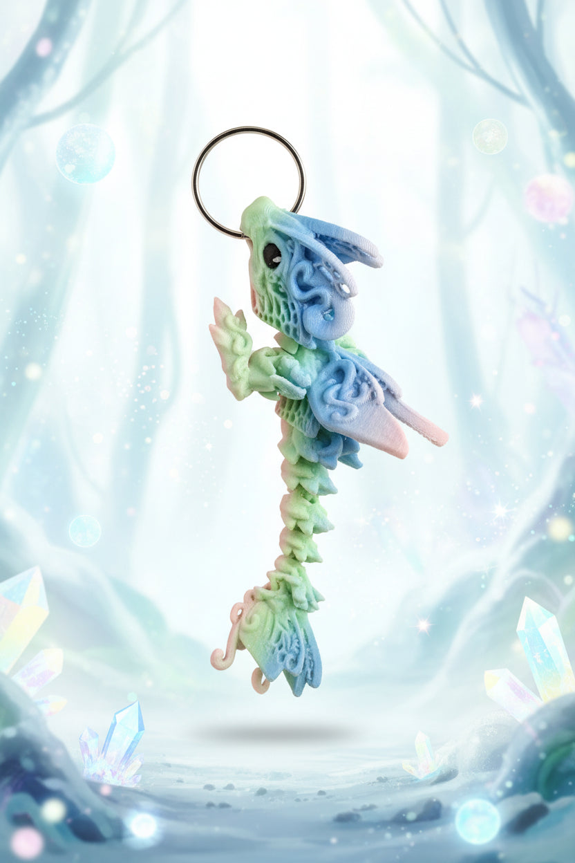 Blau-grüner Drachen-Schlüsselanhänger mit Metallring, 3D-Flügel und Schwanzdetails