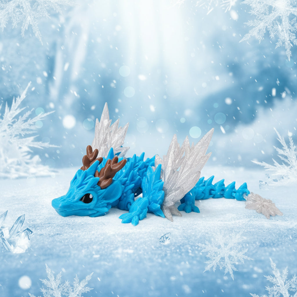 Frostflügel Baby-Drache in Blau/Weiß: seitlich, braune Hörner, weiße Eiszacken und Flügel