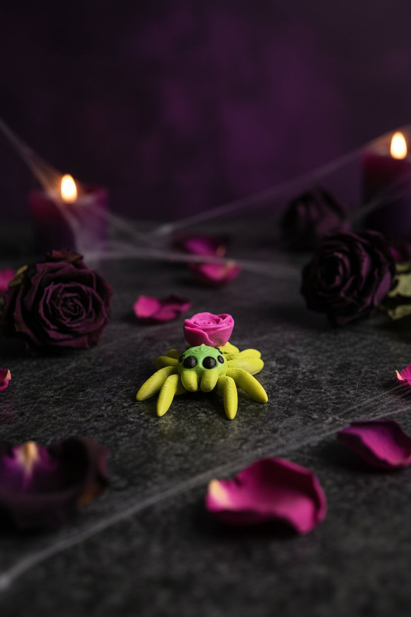 Kleine Deko-Spinne gelb mit pinker Rosenblüte auf grauem Beton