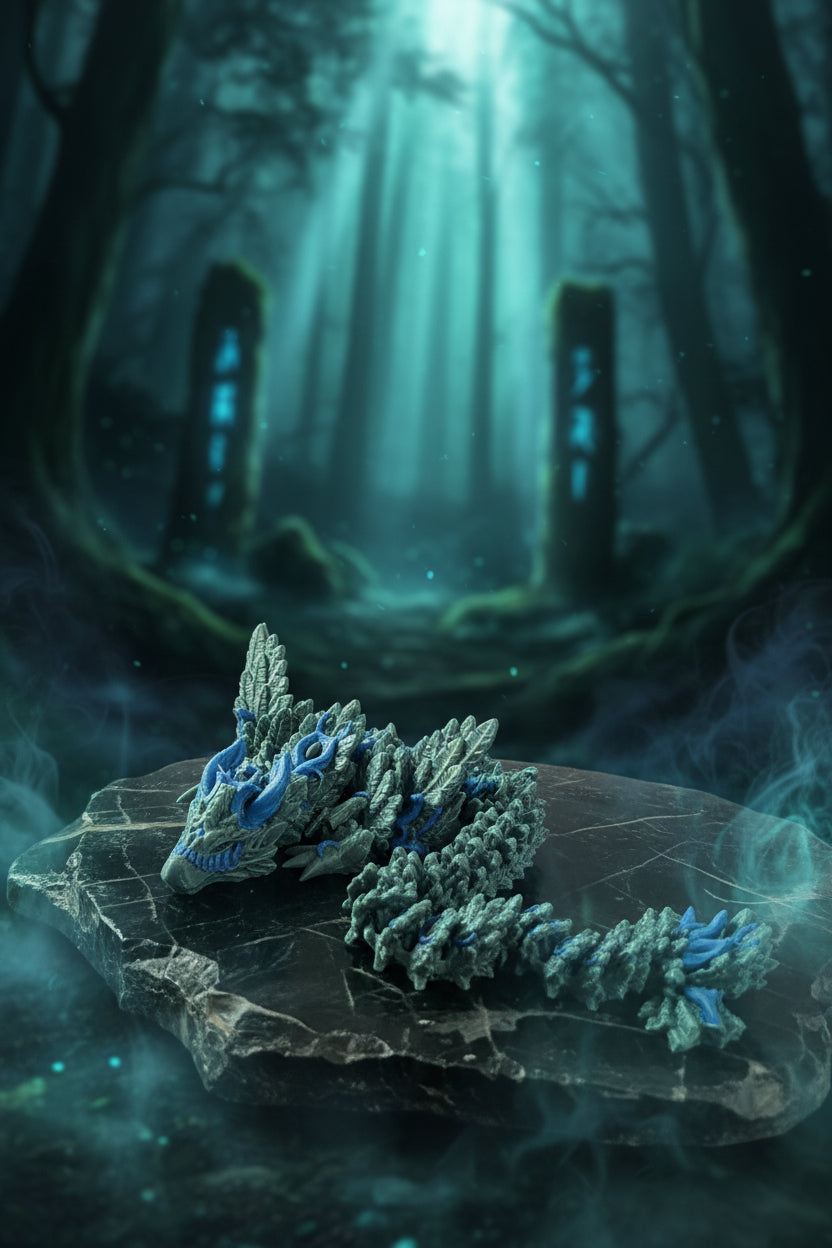 Grau-blauer Mondflügel-Drache mit blauen Flügelteilen, 3D-Figur im Profil