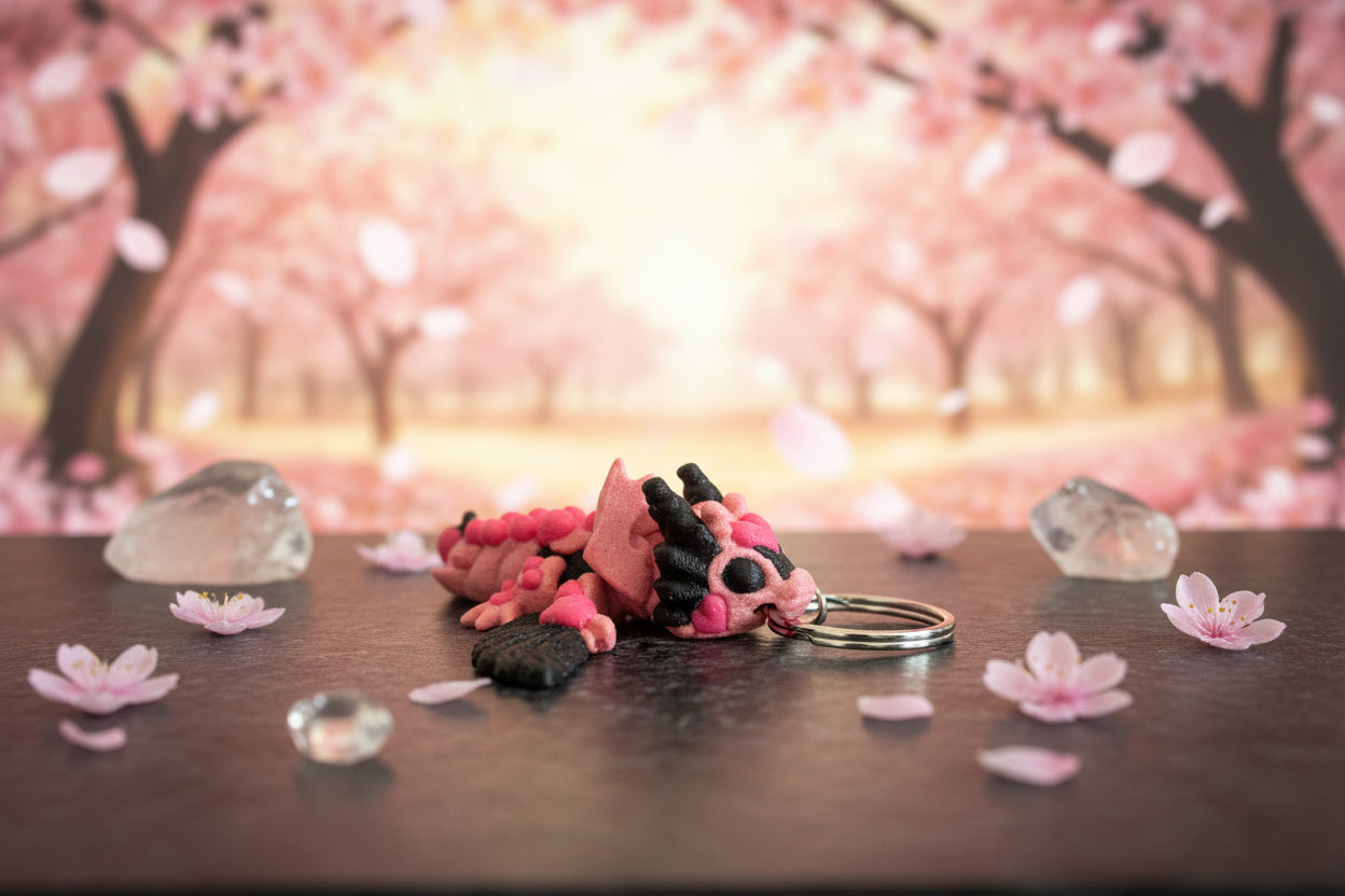 Herzchen-Drache-Schlüsselanhänger, rosa Herzmotive, schwarze Flügel, Metallring