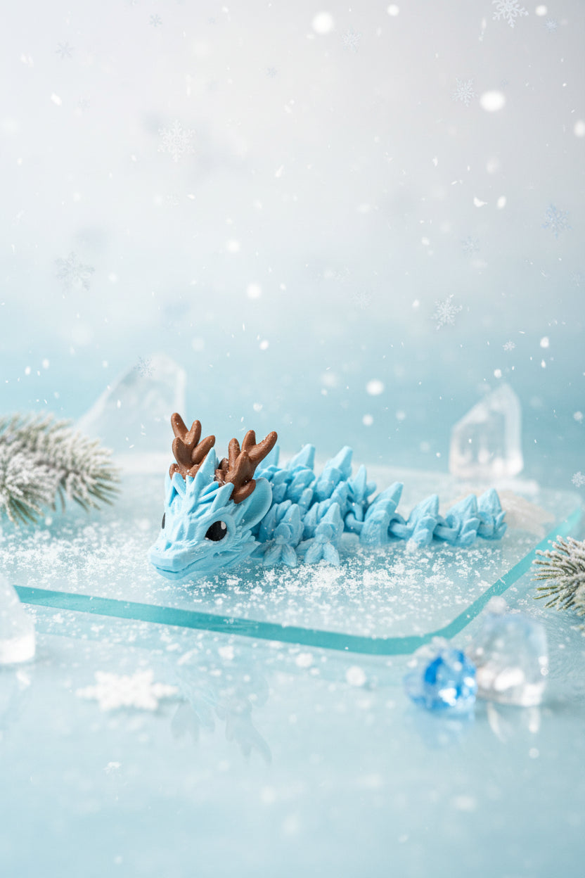Blauer 3D-Winterdrache mit braunen Hörnern, Kopf vorn, weiße Eisklauen, liegend