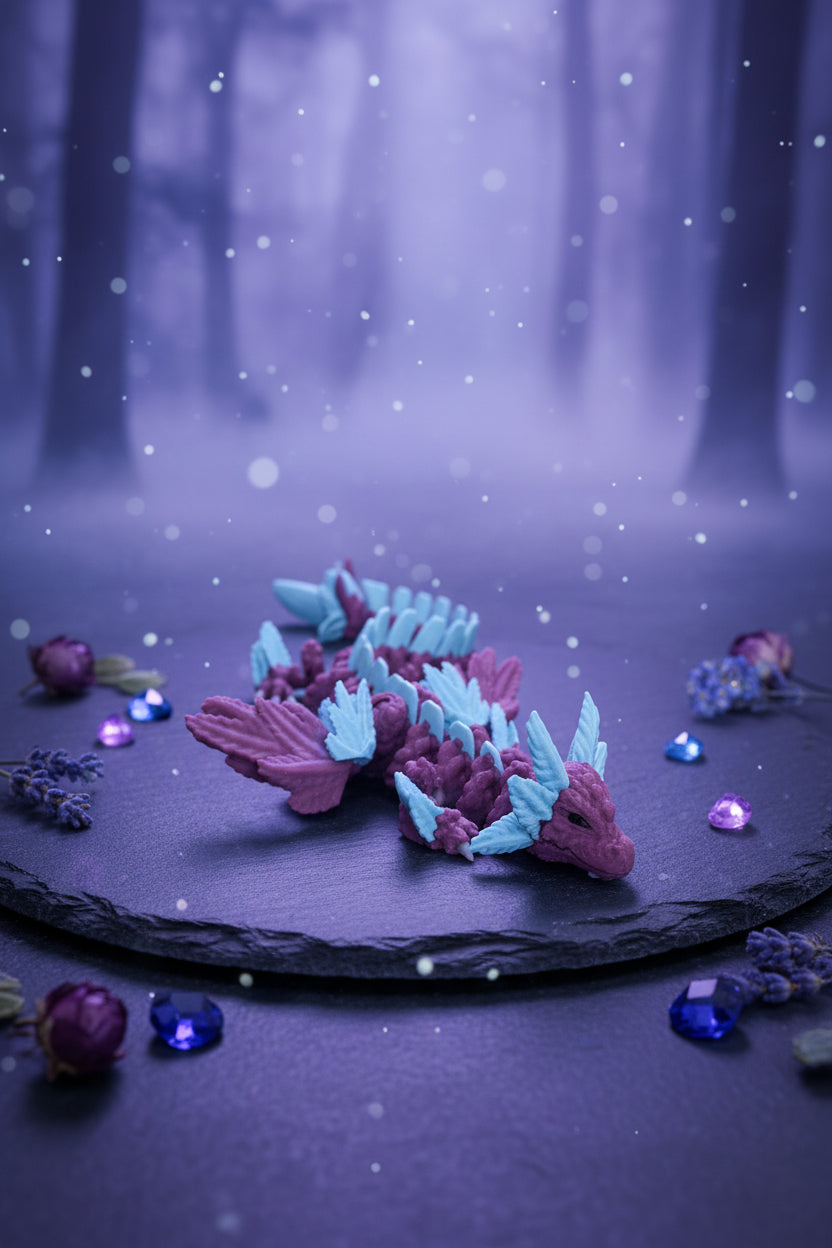 Axolotl-Himmelsdrache in Blau und Violett mit Flügeln, auf heller Wand/Fläche