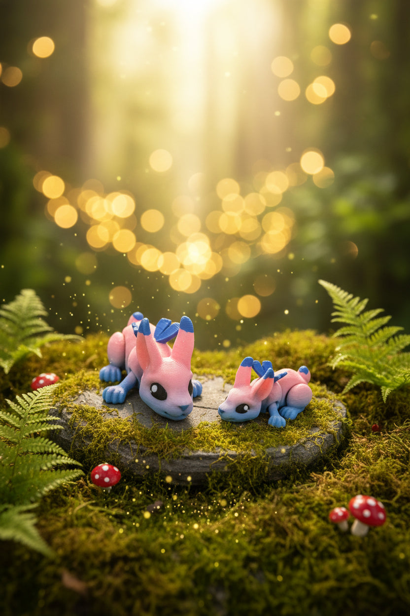 Zwei Hasen-Figurinen in rosa und blau auf grauem Boden, eine sitzt, eine liegt