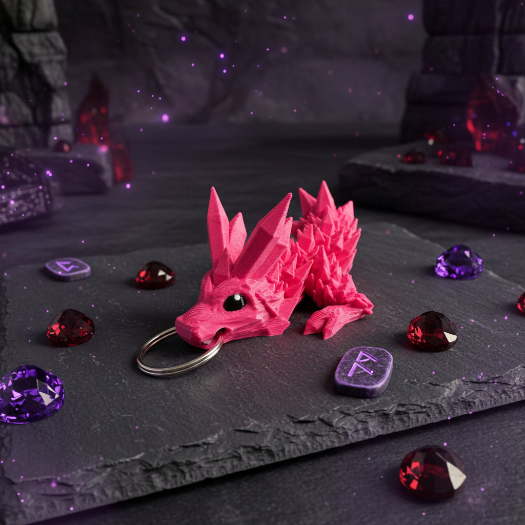 Baby-Kristalldrache in knalligem Pink mit Schlüsselring, auf dunklem Beton
