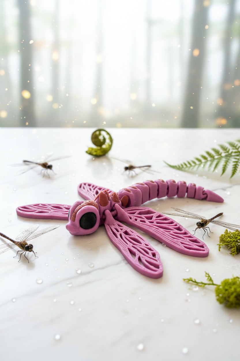 Handgefertigte Libellen-Kunstfigur Cinderwing3D in Pinkviolett auf Bodenplatte