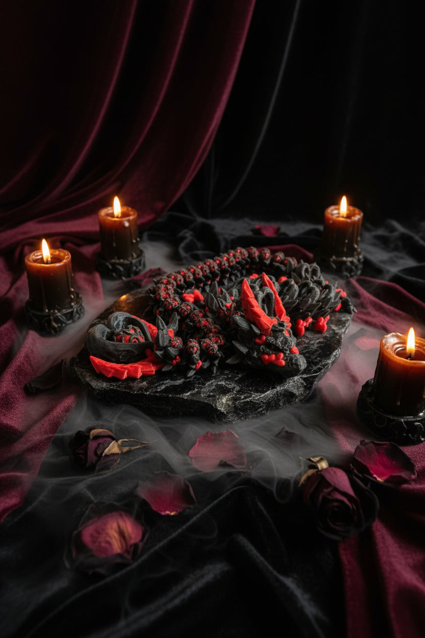 Drachenfigur-Detail mit roten Flammen und dunklem Schwanz auf Unterlage