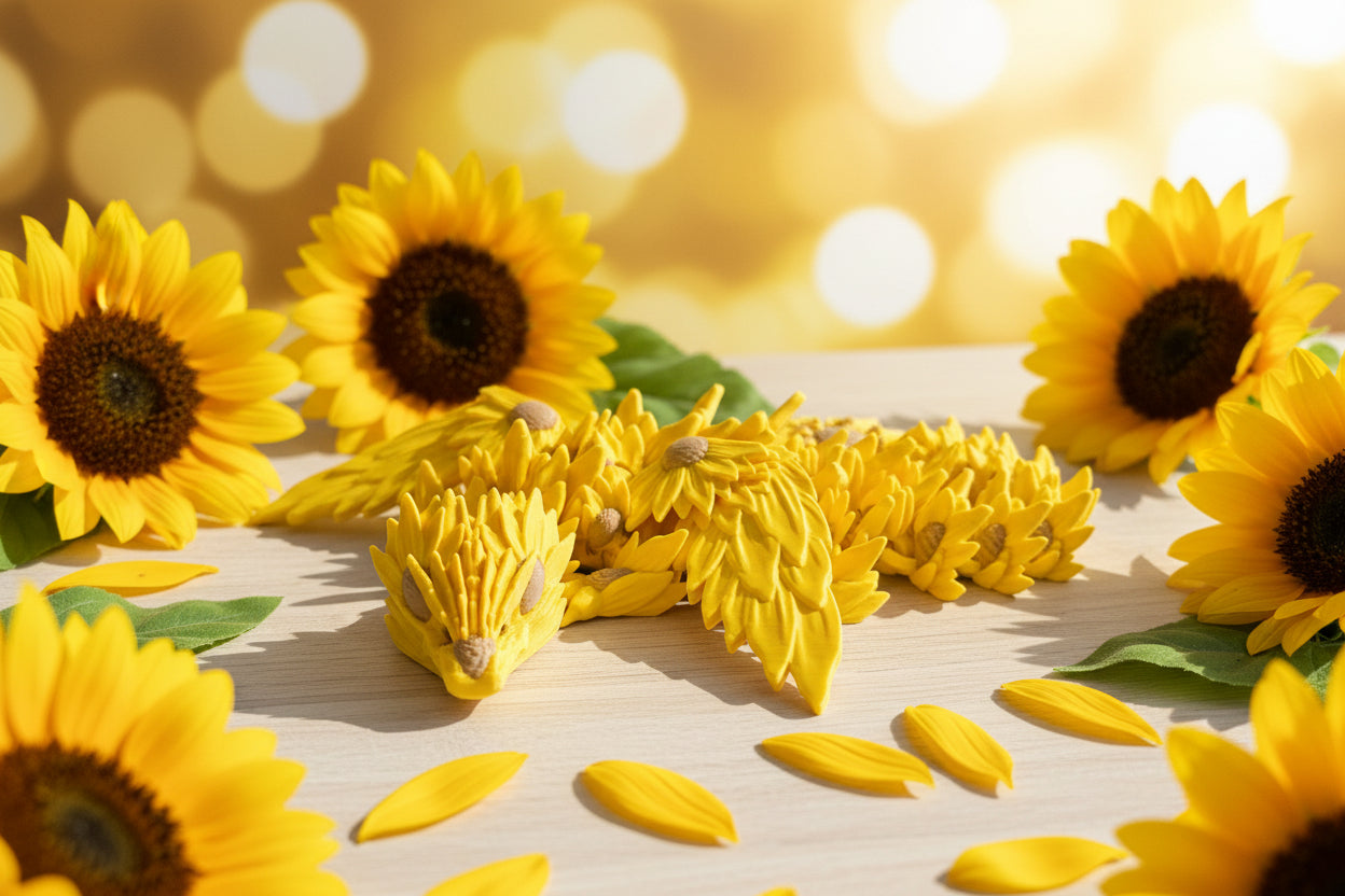 Drachenschwinge mit gelben Sonnenblumenflügeln und Drachenkopf, leicht seitlich