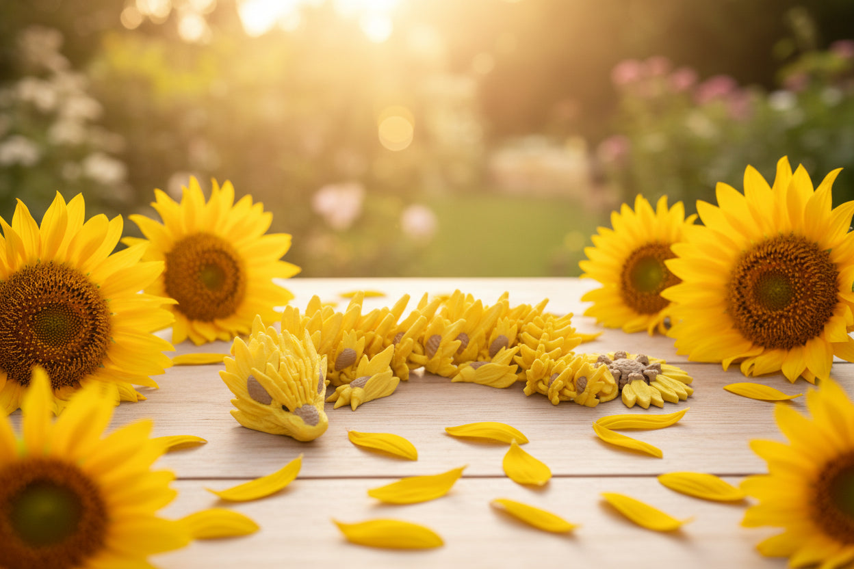 Sonnenblumen-Drache, gelbe Flügelblüten und kleine Blüten auf dunkler Oberfläche