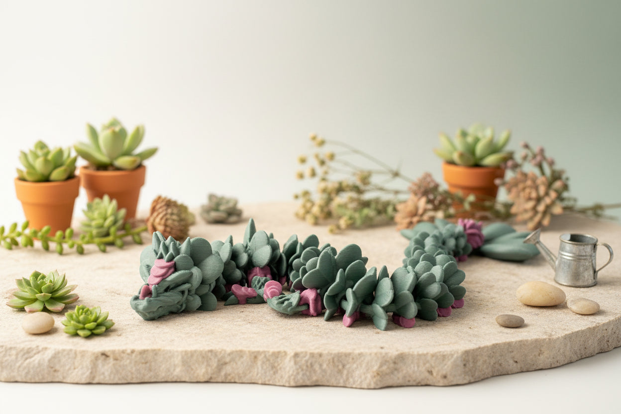 Glücksdrache mit magischer Aura als Blumenkranz auf grauer Fläche, grüne Blüten und rosa Akzente